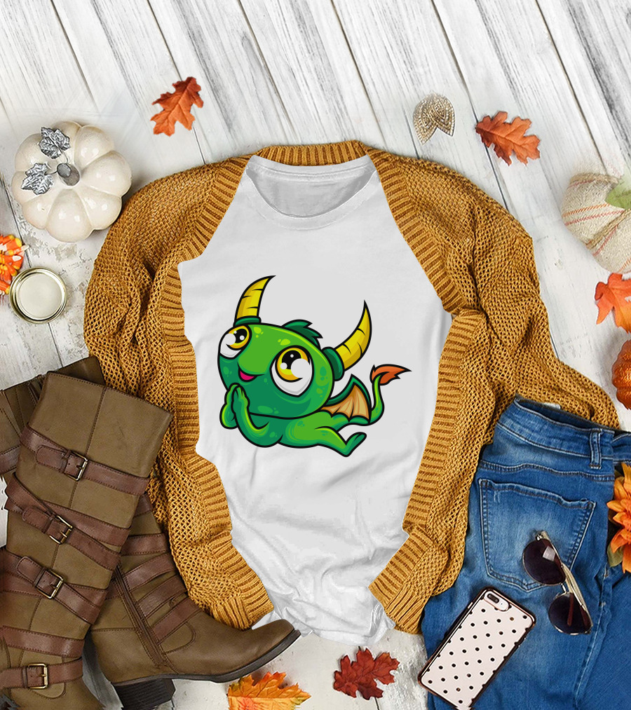 Cute Green Dragon Kawaii Cartoon Character with Horns and Wings T-Shirt