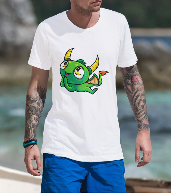 Cute Green Dragon Kawaii Cartoon Character With Horns And Wings T-Shirt