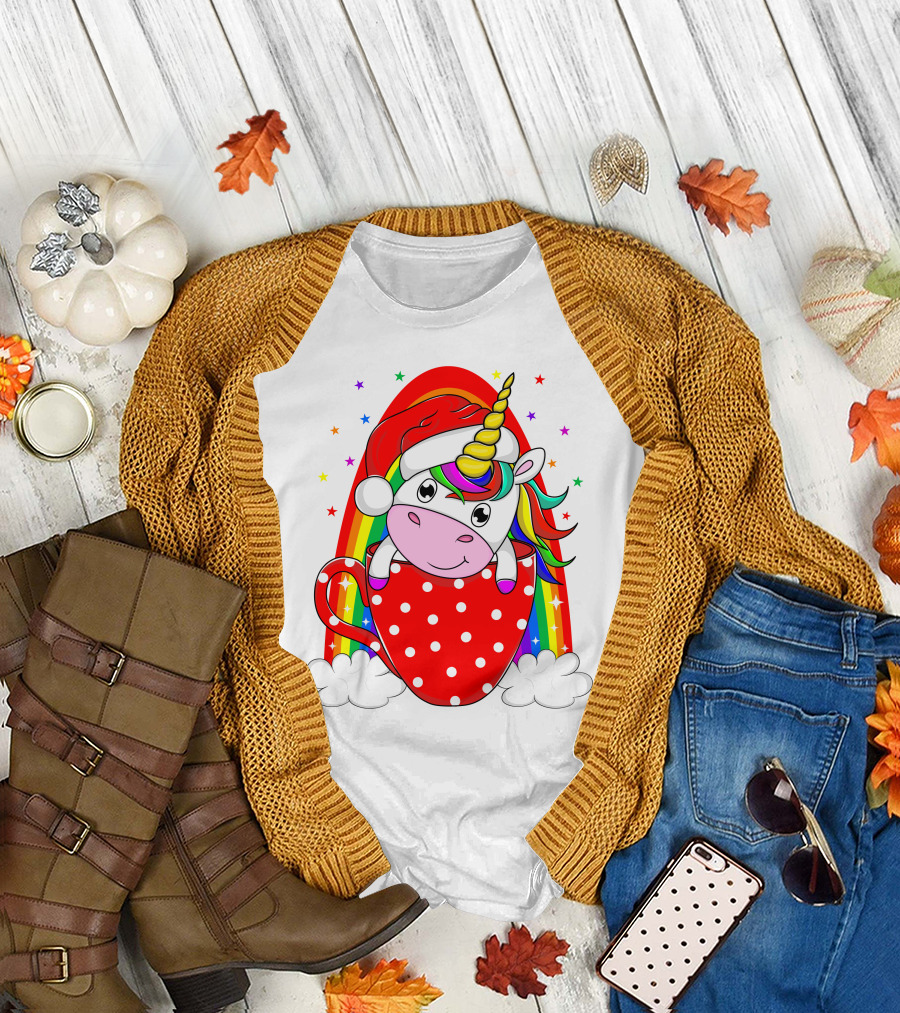 Unicorn in Santa Hat with Rainbow and Red Polka Dot Cup T-Shirt