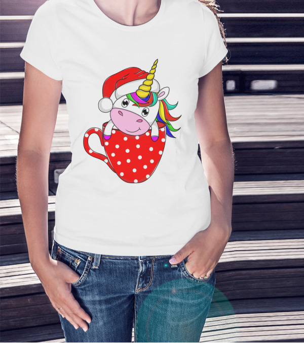 Santa Hat Unicorn In Polka Dot Red Cup T-Shirt