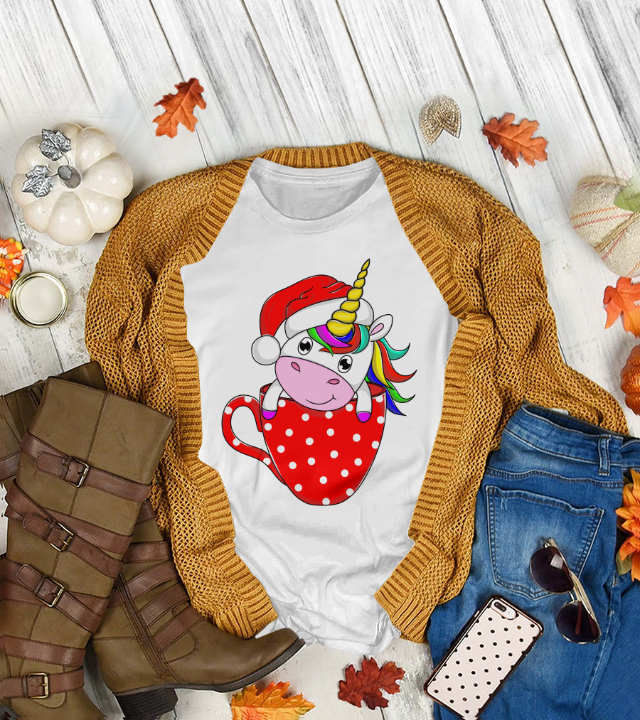 Santa Hat Unicorn in Polka Dot Red Cup T-Shirt