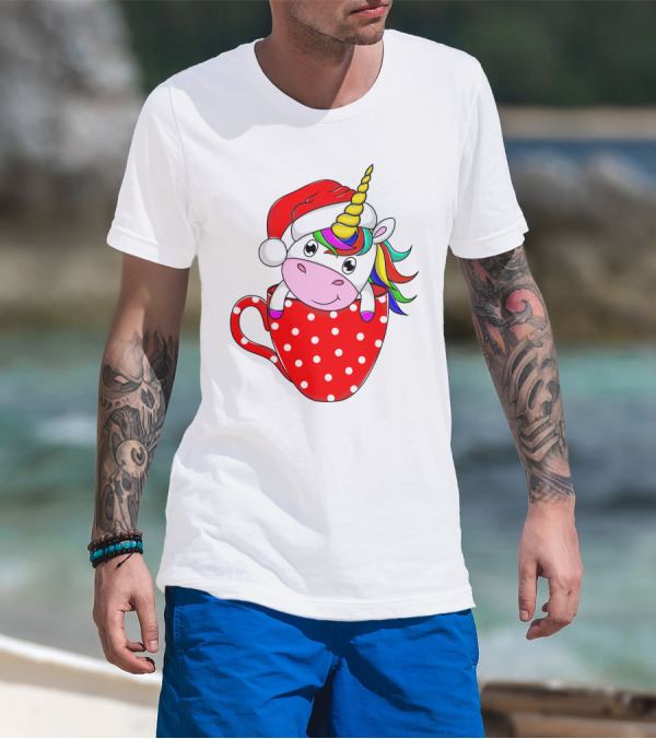 Santa Hat Unicorn In Polka Dot Red Cup T-Shirt