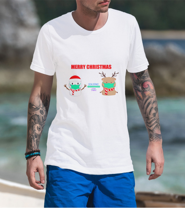 Merry Christmas Social Distance Snowman And Deer With Masks 6 Feet 2 Meters T-Shirt