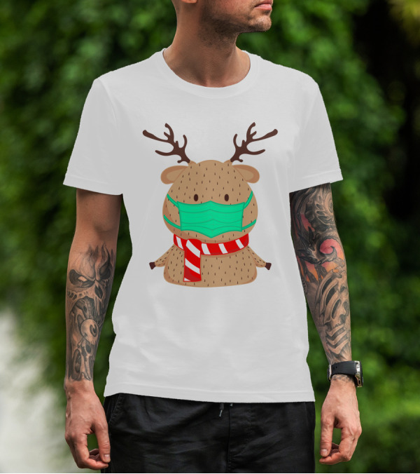 Reindeer Wearing Green Face Mask And Red White Scarf T-Shirt