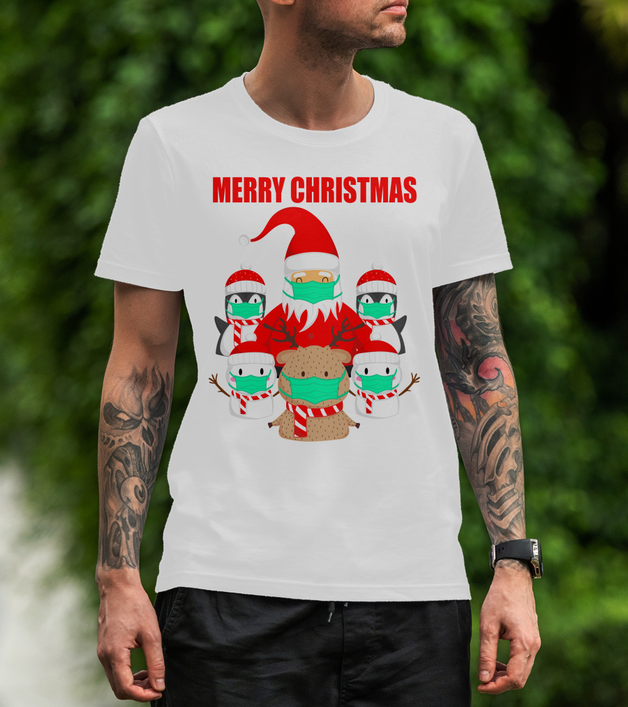 Merry Christmas Santa Deer Penguin Social Distance T-Shirt