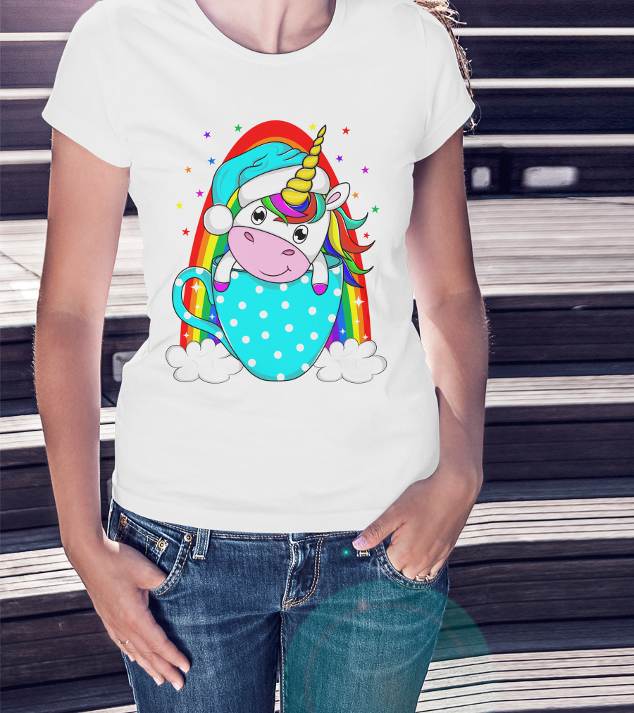 Unicorn In Polka Dot Blue Cup With Rainbow And Stars T-Shirt