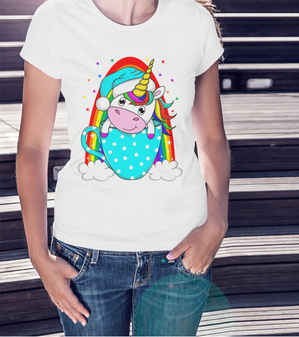 Unicorn In Polka Dot Blue Cup With Rainbow And Stars T-Shirt