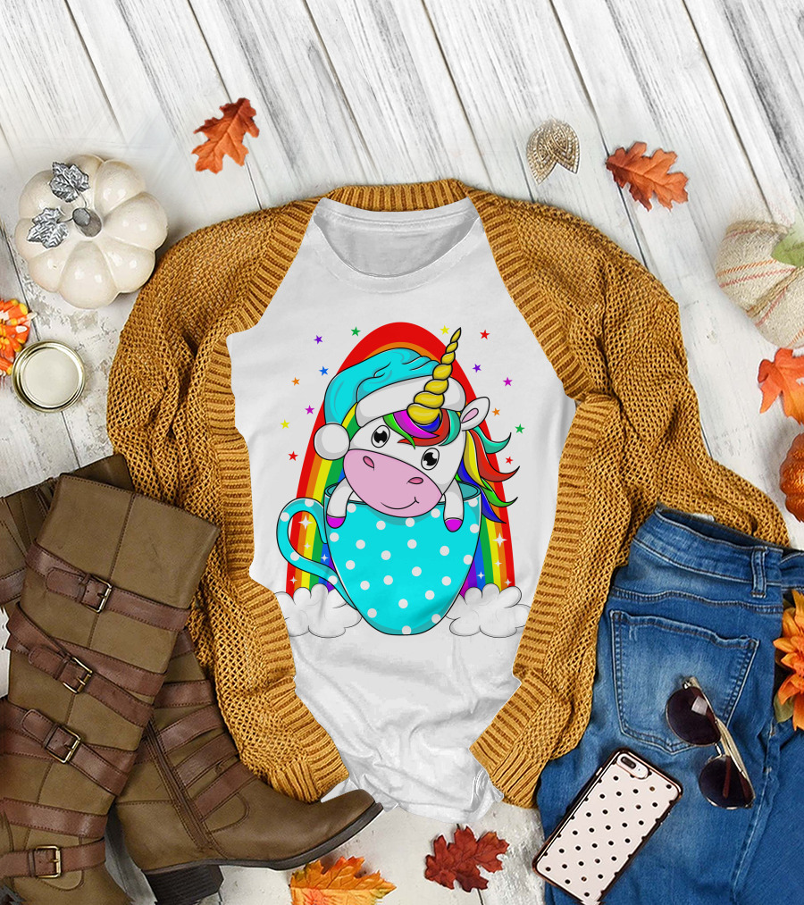 Unicorn in Polka Dot Blue Cup with Rainbow and Stars T-Shirt