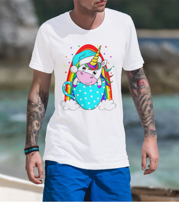 Unicorn In Polka Dot Blue Cup With Rainbow And Stars T-Shirt