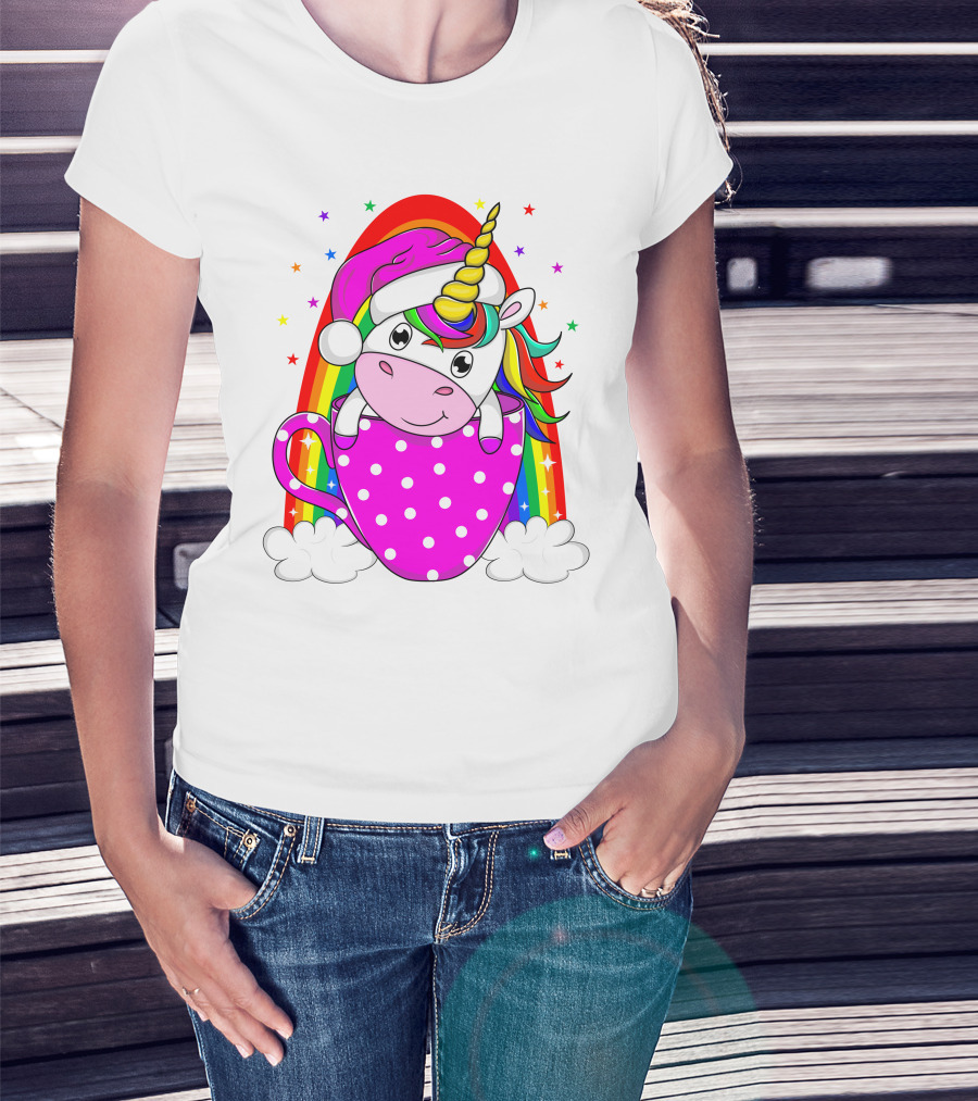 Unicorn Rainbow Santa In Pink Polka Dot Cup T-Shirt