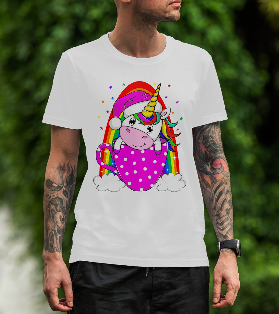 Unicorn Rainbow Santa In Pink Polka Dot Cup T-Shirt