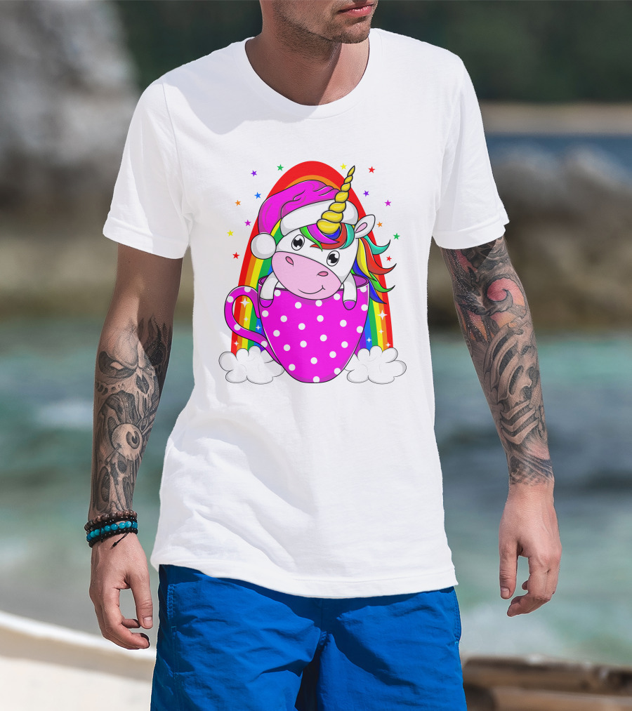 Unicorn Rainbow Santa In Pink Polka Dot Cup T-Shirt