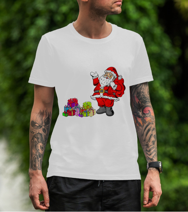 Santa Claus Joyfully Delivering Colorful Presents T-Shirt