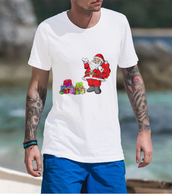 Santa Claus Joyfully Delivering Colorful Presents T-Shirt