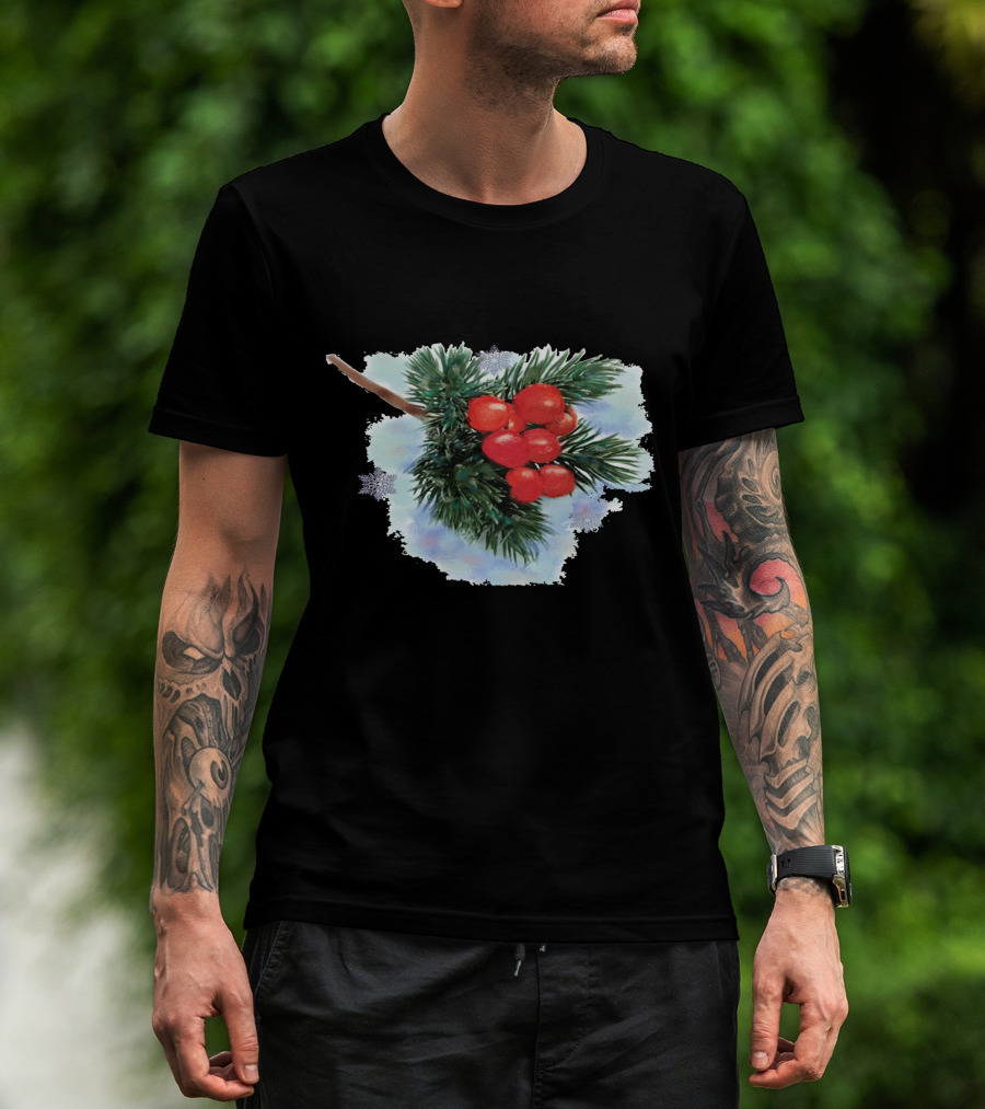 Watercolor Holiday Christmas Holly Berries Branch Pine Needles T-Shirt