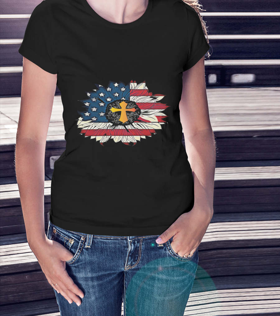 American Flag Cross Floral Design Sunflower Center T-Shirt