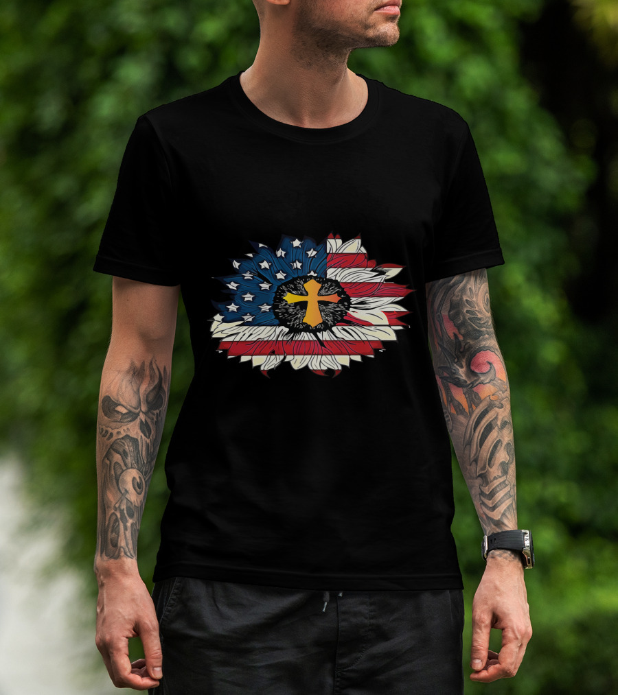 American Flag Cross Floral Design Sunflower Center T-Shirt