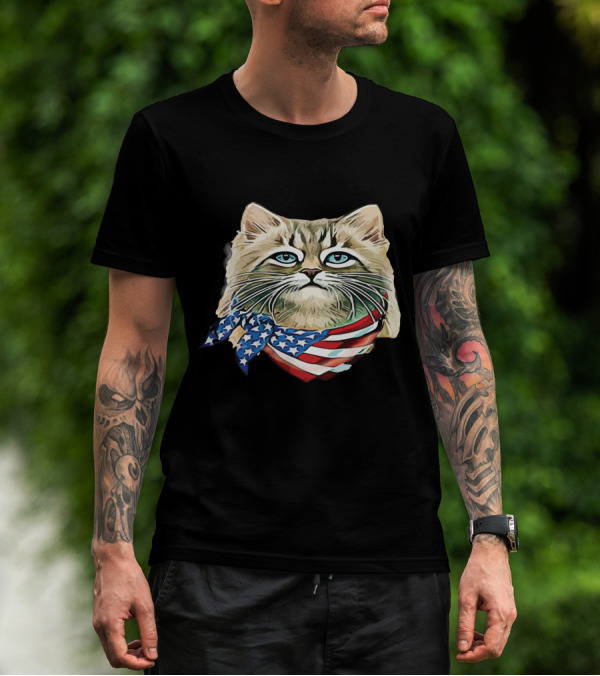 Fluffy Cat Wearing Stars And Stripes Flag Bandana T-Shirt