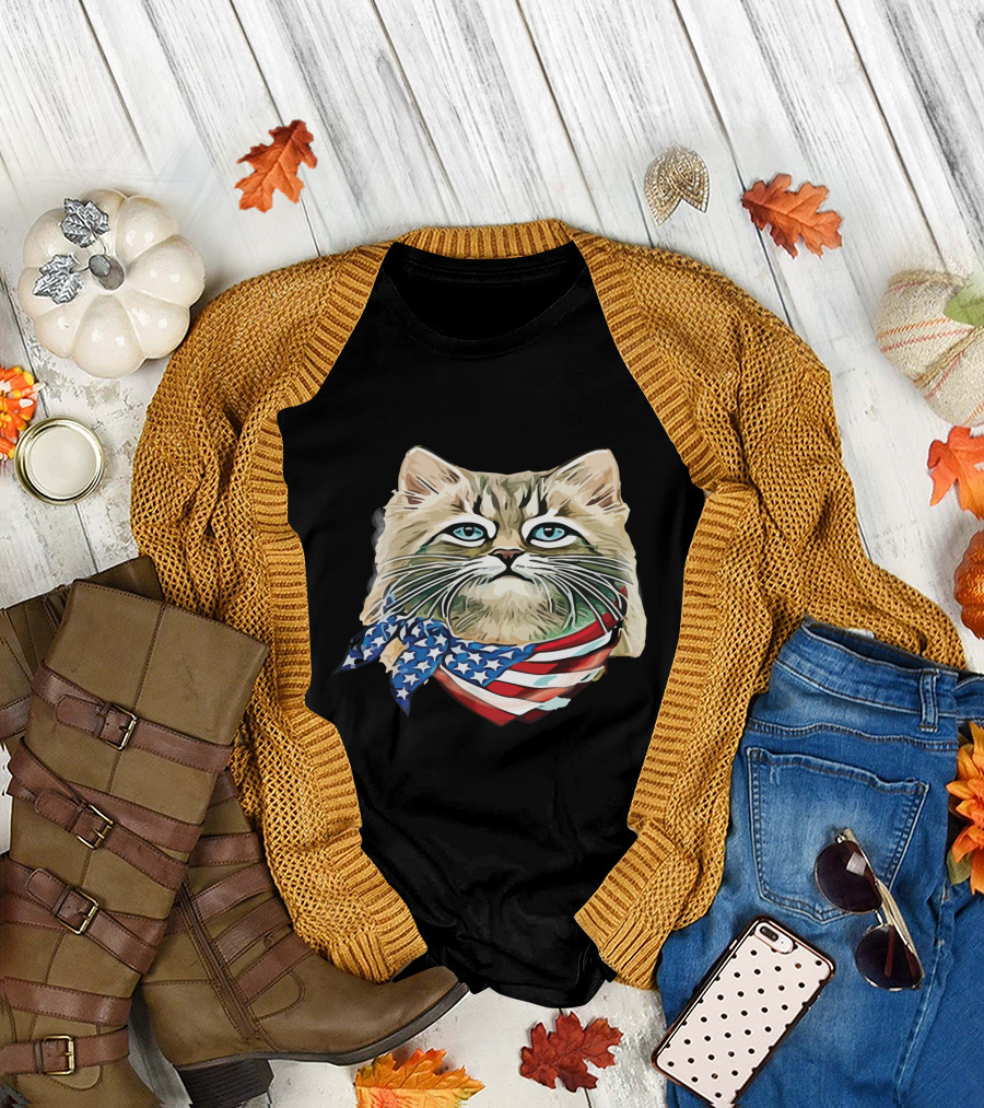Fluffy Cat Wearing Stars and Stripes Flag Bandana T-Shirt