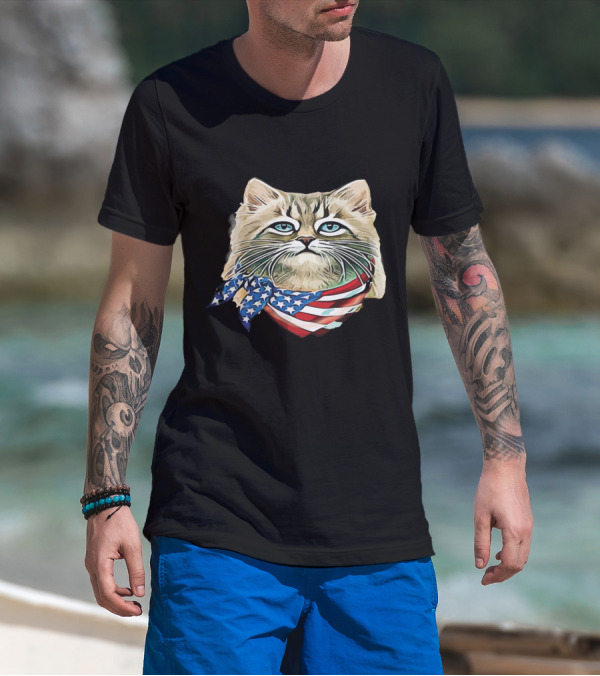 Fluffy Cat Wearing Stars And Stripes Flag Bandana T-Shirt