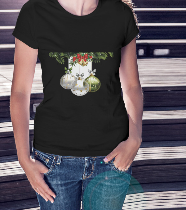 Holiday Christmas Balls Evergreen Branches Ribbons T-Shirt