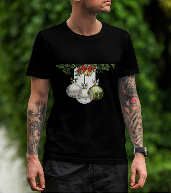 Holiday Christmas Balls Evergreen Branches Ribbons T-Shirt