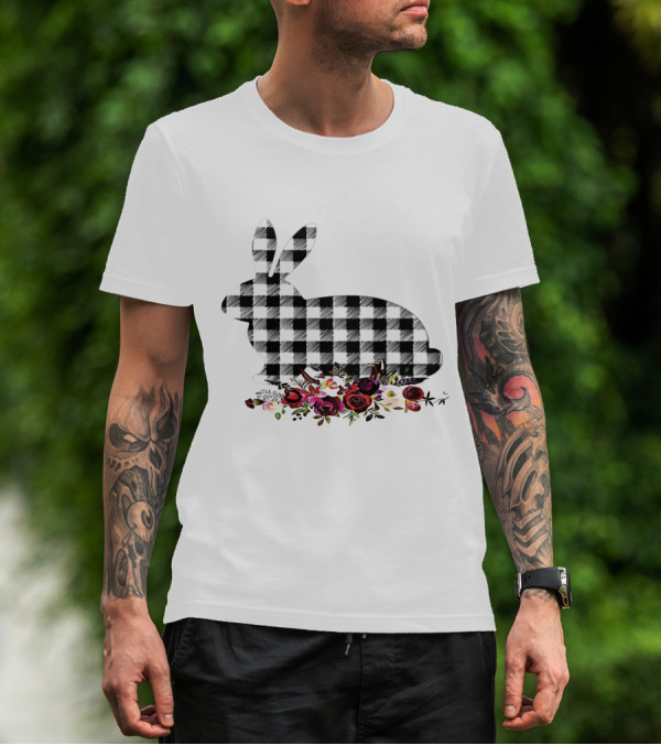 Bunny Black White Plaid Floral Roses T-Shirt