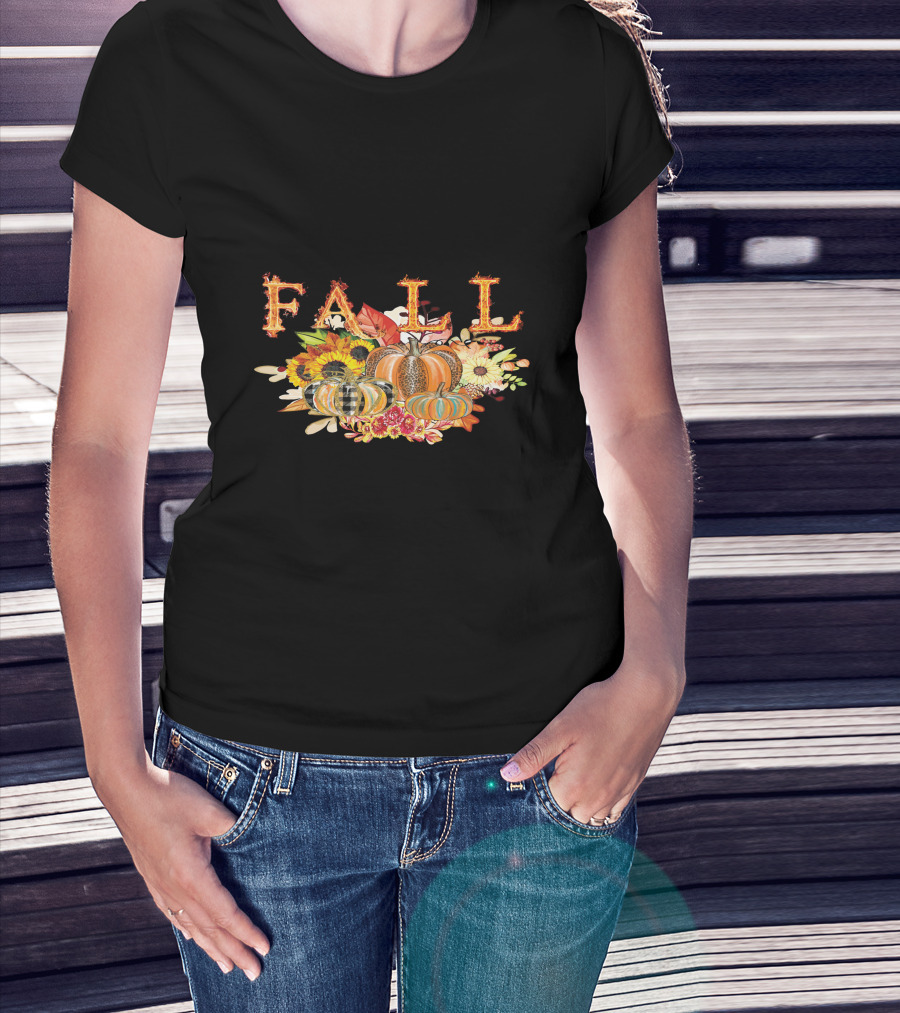FALL Pumpkin Sunflowers And Leaves Thanksgiving T-Shirt
