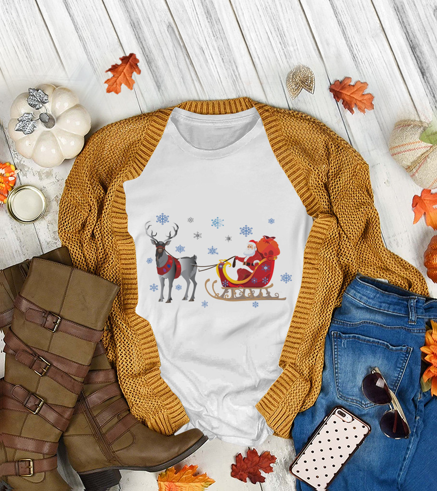 Christmas Santa with Reindeer and Sleigh Surrounded by Snowflakes T-Shirt