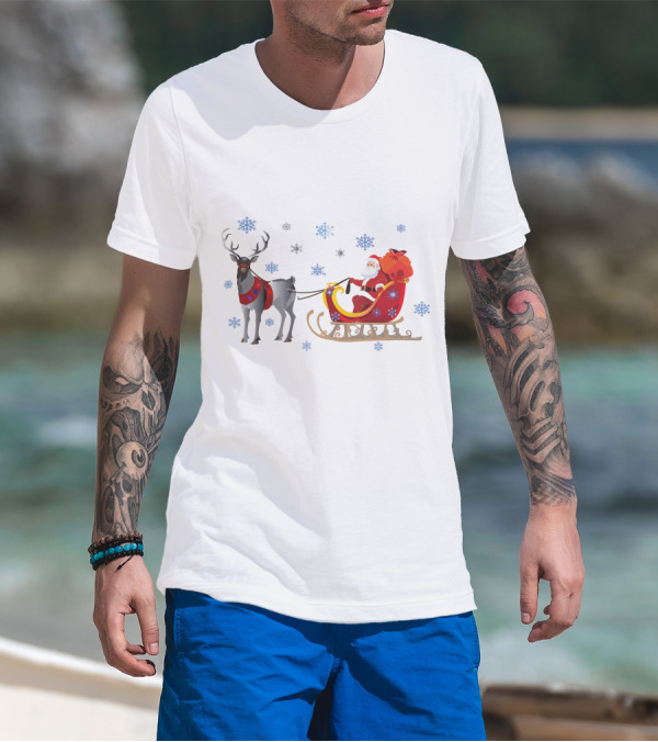 Christmas Santa With Reindeer And Sleigh Surrounded By Snowflakes T-Shirt