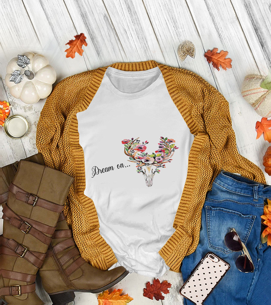 Dream On Deer Skull With Floral Antlers T-Shirt