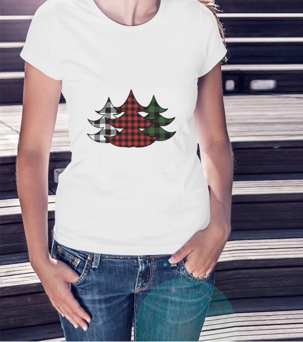 Plaid Christmas Tree Red Green Black White Xmas T-Shirt