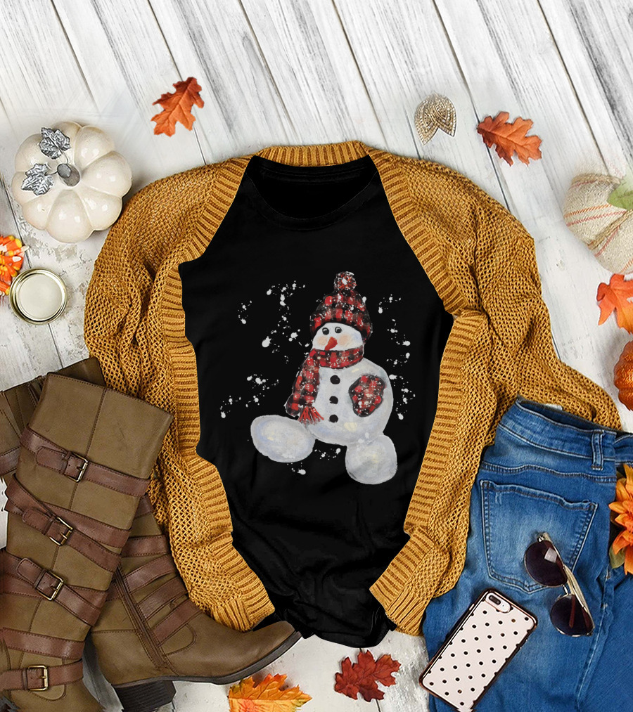 Watercolor Snowman Buffalo Plaid Hat and Scarf with Snowflakes T-Shirt