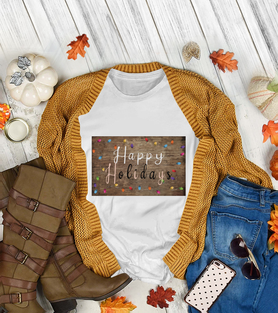 Happy Holidays Christmas Light Rustic Wood Background With Colorful Bulbs T-Shirt