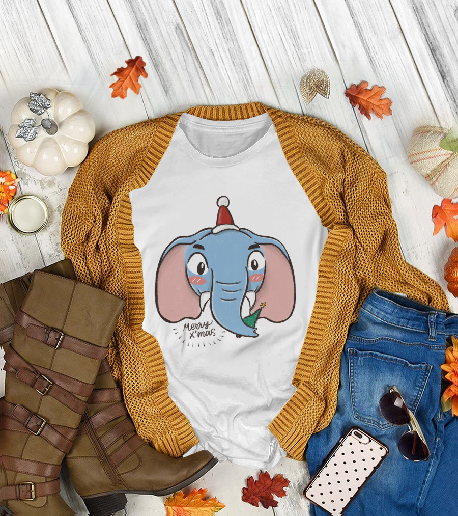 Merry X'mas Elephant Cartoon Christmas Animal T-Shirt