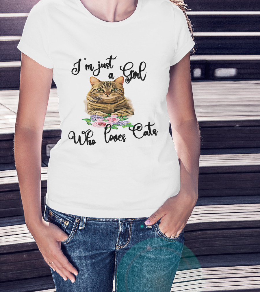 I'm Just A Girl Who Loves Cats With Floral Cat T-Shirt