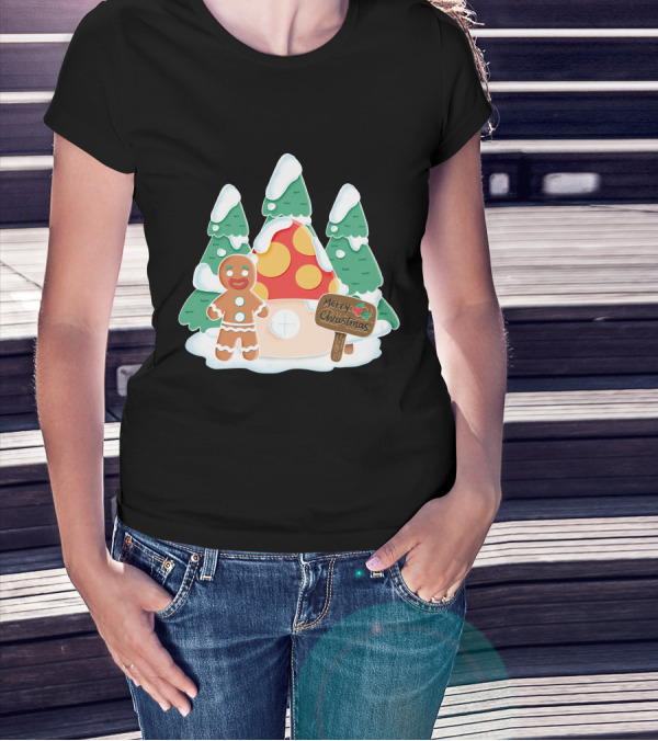 Merry Christmas Gingerman House With Snowy Trees And Mushroom Roof T-Shirt