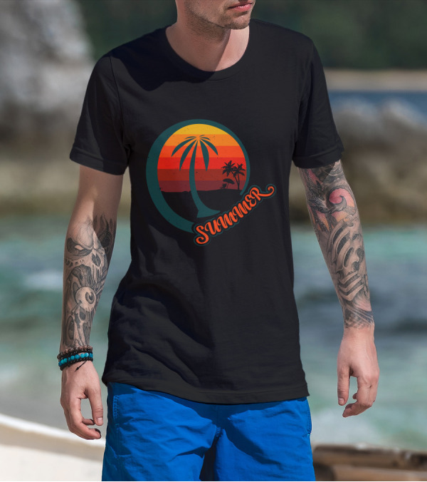 Summer Palm Sunset Beach Scene T-Shirt