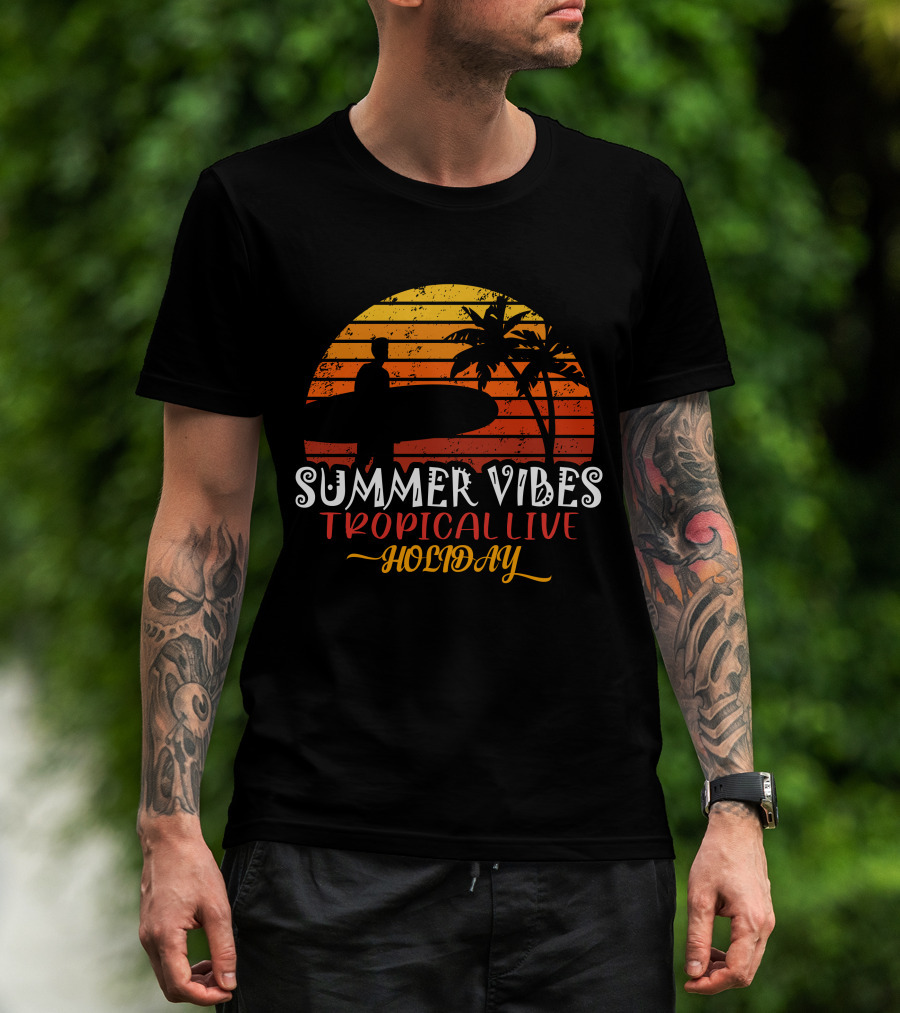 Summer Vibes Tropical Live Holiday Surfer Sunset Palms T-Shirt