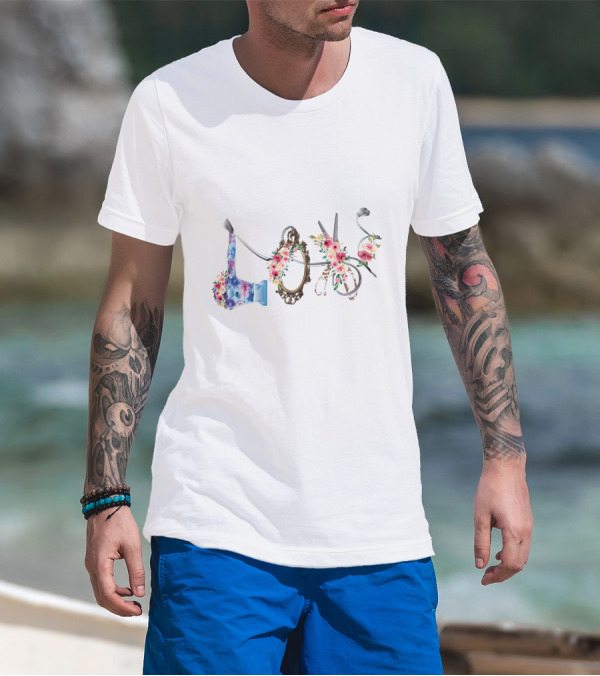 Love Hair Stylist Floral Scissors Mirror Blow Dryer T-Shirt