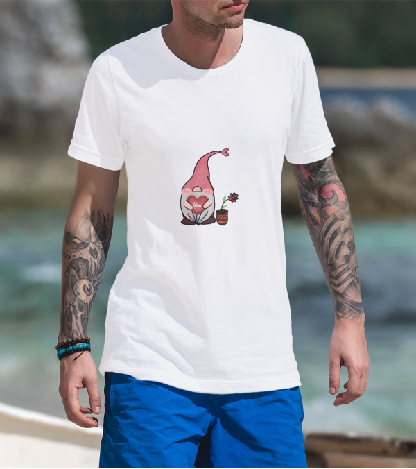 Love Heart Gnome With Flower Pot T-Shirt