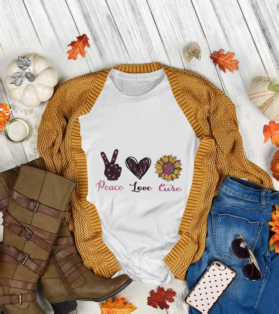 Peace Love Cure Breast Cancer Sunflower Heart and Peace Sign T-Shirt