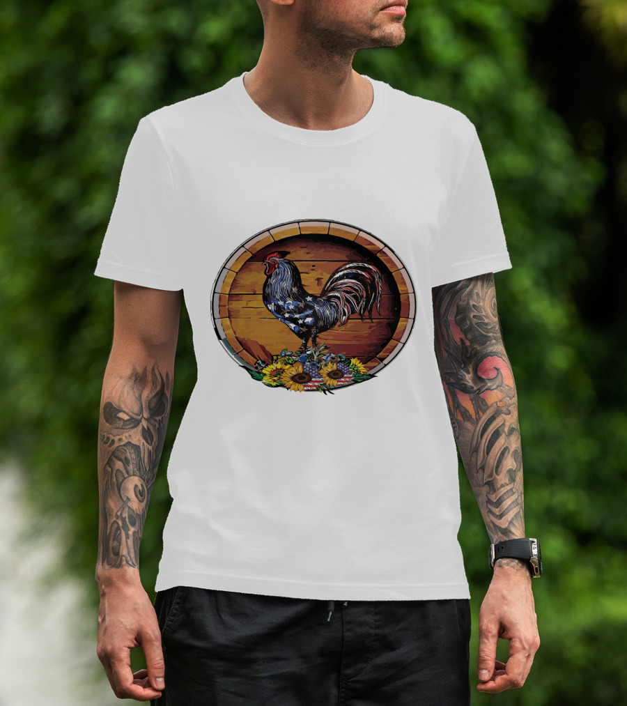 USA Rooster On Wine Barrel With Sunflowers T-Shirt