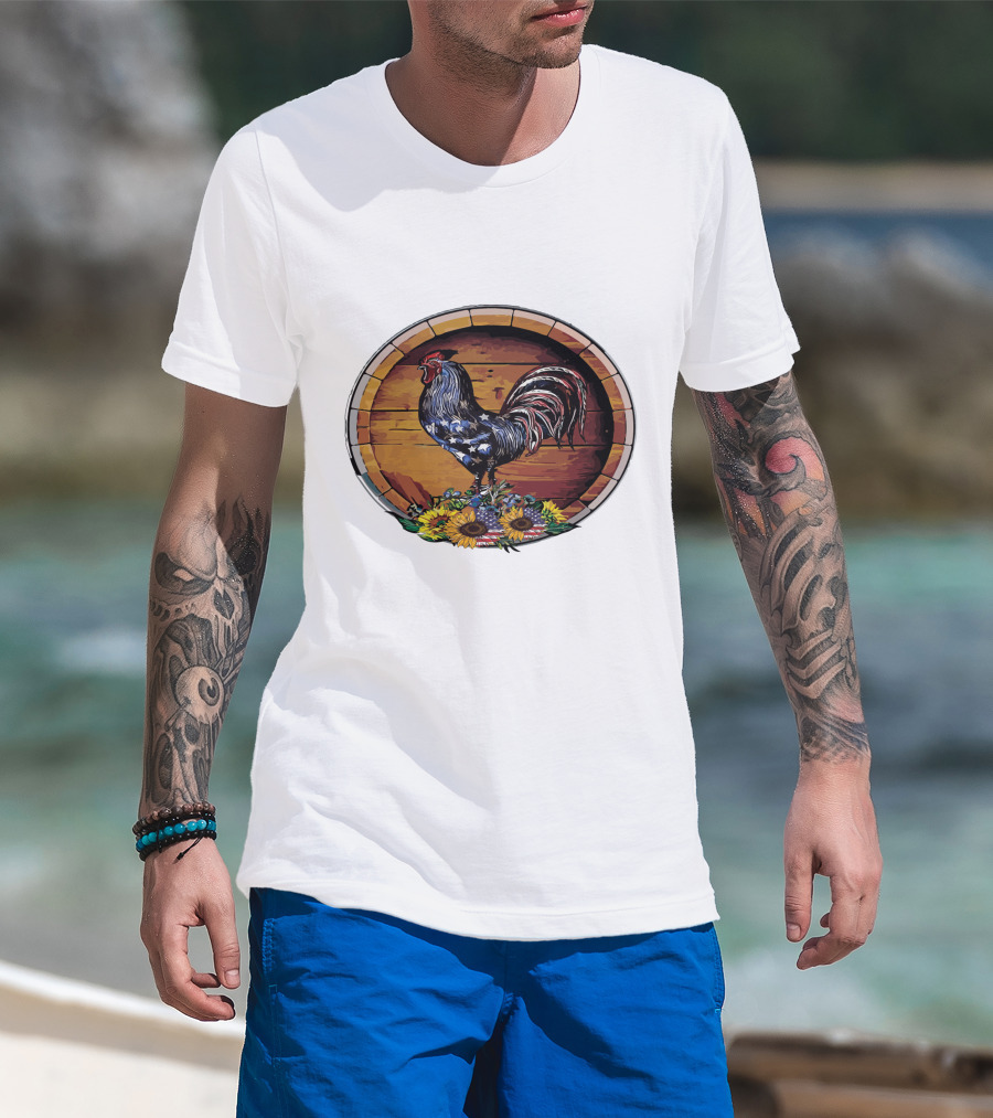 USA Rooster On Wine Barrel With Sunflowers T-Shirt
