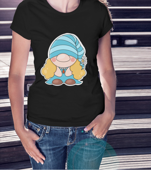 Gnome Sticker Blue Hat Daisy Blonde Hair Cute Comic T-Shirt