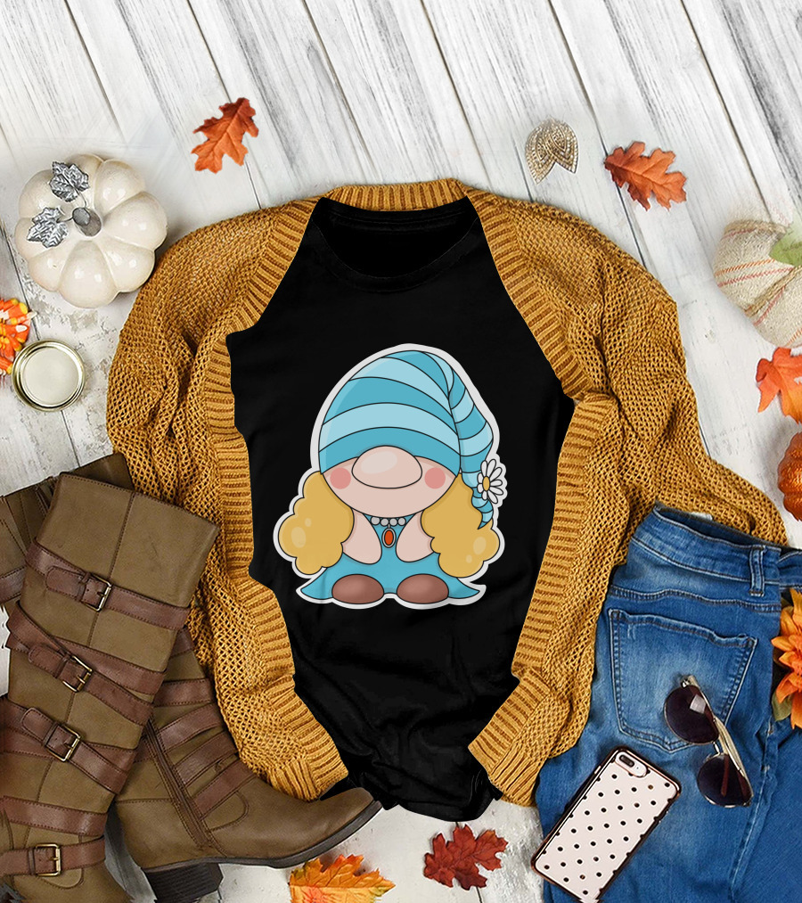 Gnome Sticker Blue Hat Daisy Blonde Hair Cute Comic T-Shirt