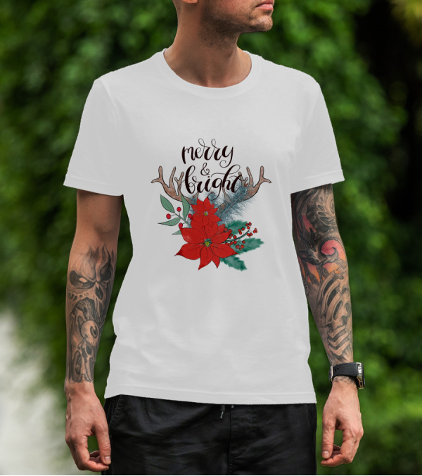 Merry And Bright Antler Poinsettia Christmas Florals T-Shirt
