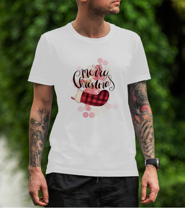 Merry Christmas Plaid Sock Pink Bubbles T-Shirt