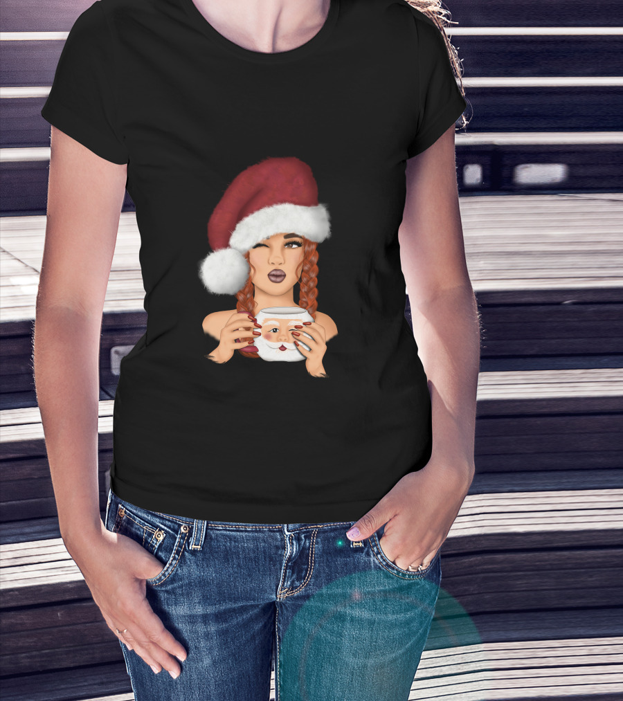 Christmas Red Hair Girl With Santa Hat And Santa Mug T-Shirt