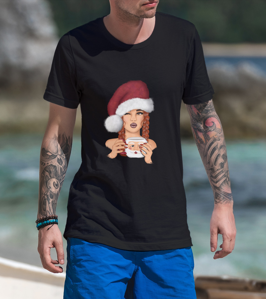 Christmas Red Hair Girl With Santa Hat And Santa Mug T-Shirt